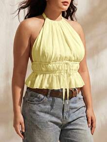 Solflare Goose Yellow Plus Size Women's Spring/Summer Pleated Ruffle Hem Halter Neck Tie Top - Pale Yellow - View 3