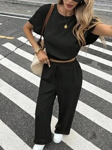 Serisse Batwing Sleeve Crop Top Drawstring Waist Pants Textured Fabric Two Pieces Travel Black Summer Casual - Black - View 7