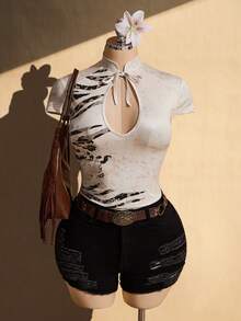 SHEIN ICON Plus Size Cheongsam Collar Deep V-Neck Cutout Leopard Print Knit Top - Multicolor - View 3