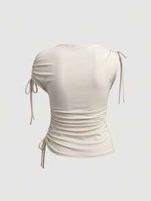 SHEIN MOD Plus Size White Lace-Up Design Top, Simple Versatile, Asymmetric Design, Commute Daily Wear, Minimalist Business Casual, All-Season Style, Vacation - Khaki - View 4