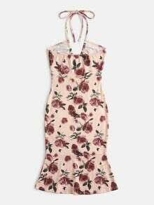 lacRébo Fitted Floral Knit Midi Dress, Ruched Bust Design, Fashionable Summer Vacation Casual Style - Multicolor - View 8