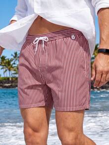 CoralVoy Men's Striped Waist Drawstring Design Beach Shorts - Burgundy - View 3
