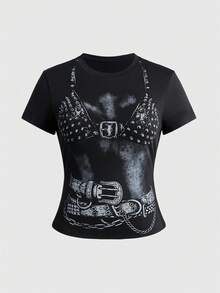 ROMWE Grunge Punk Punk Lingerie Rivet Print Black Plus Size Women's Fitted T-Shirt, All-Match Versatile - Black - View 1