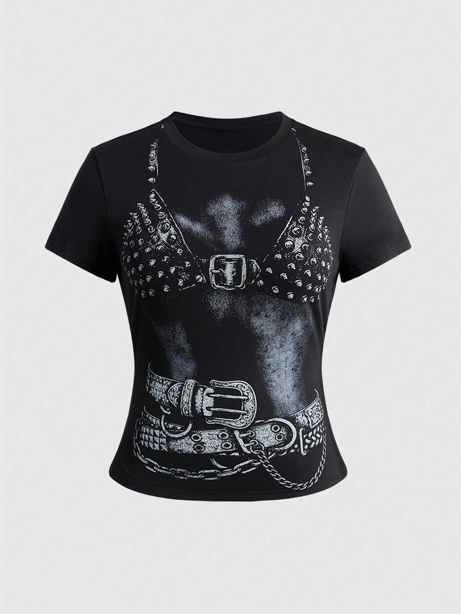 ROMWE Grunge Punk Punk Lingerie Rivet Print Black Plus Size Women's Fitted T-Shirt, All-Match Versatile - Black - View 1