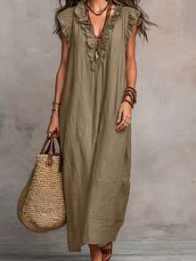 Hotletica Women's Solid Color Ruffle Hem Premium Texture Linen Casual Dress - Khaki - View 5