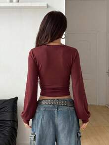Coolane Women's Summer/ Back To School Everyday Basic Solid Color Pleated Asymmetrical Neck Long Sleeve Pullover Burgundy Sweatshirt Grunge - Burgundy - View 4