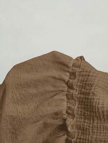 Freevana Plus Size Solid Color Ruffle Collar Casual Summer Shirt - Brown - View 9