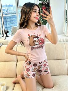女童時尚優雅經典可愛甜美休閒日常舒適親膚高彈針織面料粉色水豚奶茶咖啡甜甜圈甜點卡通印花圓領短袖上衣配短褲2件套緊身居家服 - 粉色 - 查看 8