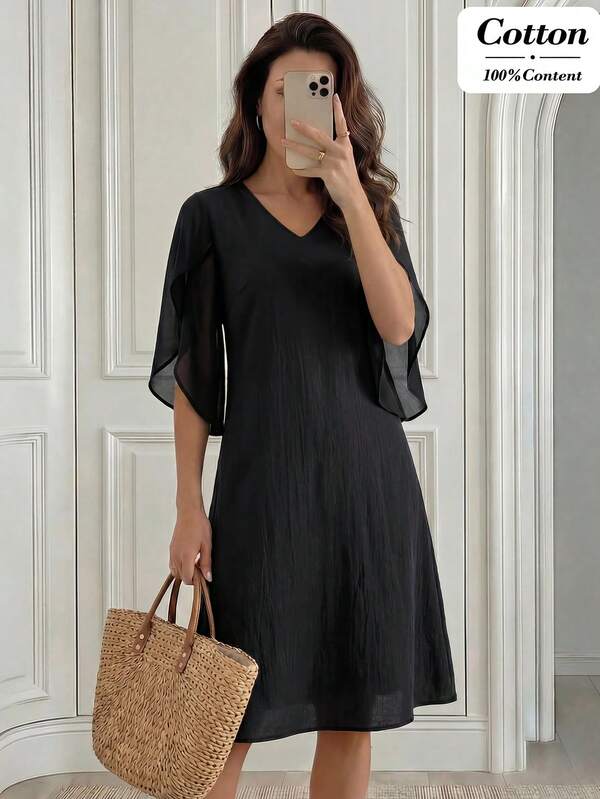 Miaspire Vestido versátil de vacaciones con cuello en V y textura de unicolor para mujer