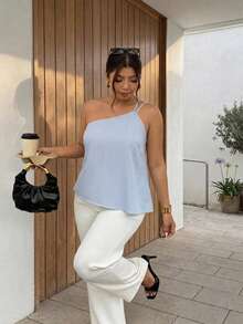 Firerie Blusa Plus Size Nova de Verão Ajustada com Um Ombro Só, Bainha Assimétrica e Listrada, Elegante para Trabalho, Escritório, Festa, Festival de Música, Menina Personalizada, Estilo Y2K Chique - Azul e Branco - Visão 5