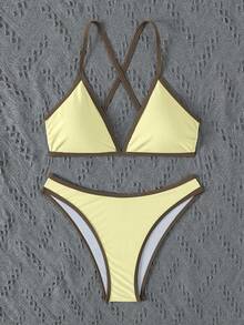 Bonvoyette Women's Summer Beach Halter Neck Sexy Fashion Bikini Two-Piece Swimsuit Set - Yellow - View 5