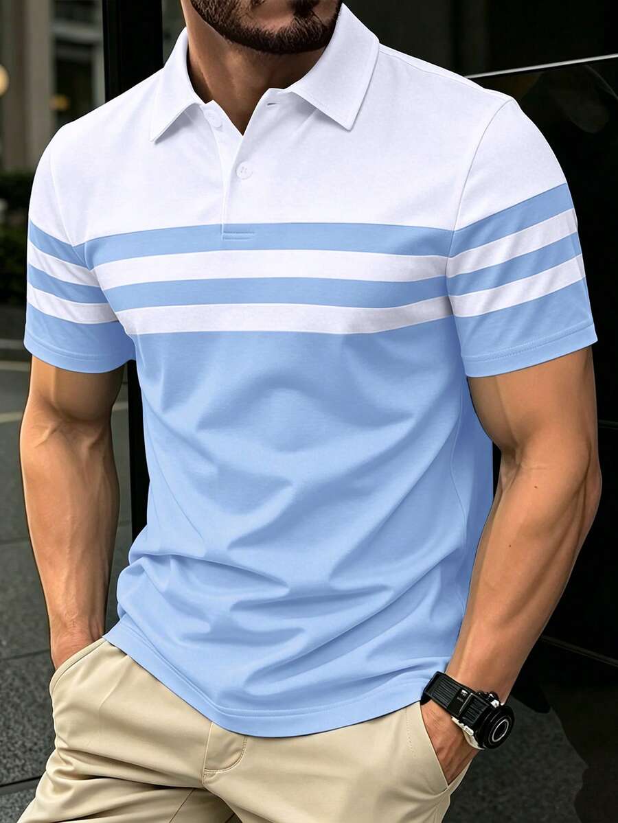 Manfinity Homme 男士條紋拼接休閒日常百搭短袖POLO衫 - 彩色 - 查看 1