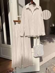 Solflare Plus Size Women's Striped Pattern Long Sleeve Button-Up Shirt And Pants 2-Piece Set Fall - Multicolor - View 1