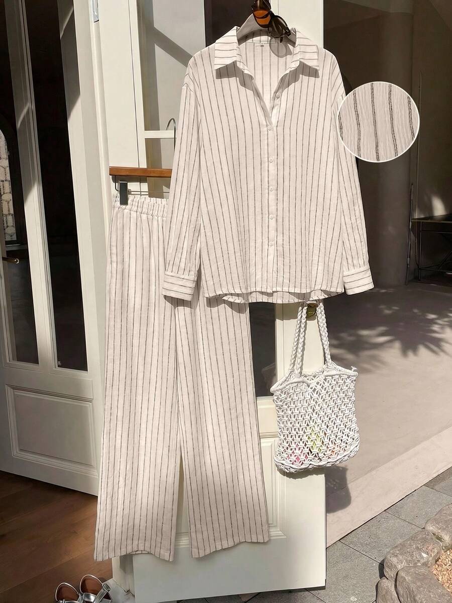 Solflare Plus Size Women's Striped Pattern Long Sleeve Button-Up Shirt And Pants 2-Piece Set Fall - Multicolor - View 1