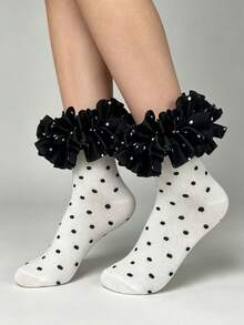 ROMWE Kawaii Women's Polka Dot Pattern Mesh Splice Ruffle Trim Cute Crew Socks - Multicolor A2 - View 3