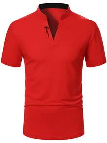 Manfinity Homme 男士夏季休閒缺口領 Polo 衫，正式款 - 紅色 - 查看 4