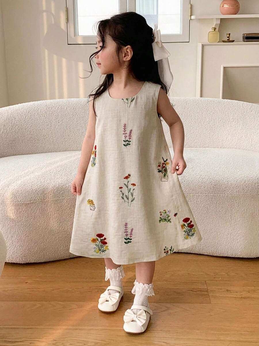 Dazy Kids 少女植物圖案圓領休閒無袖洋裝 度假夏季款 - 米色 - 查看 1