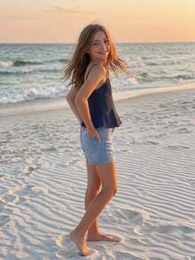 DAZY Tween Girl Summer Casual Washed Denim Camisole Top - Navy Blue - View 2