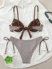 Swim Chiccia 26SS 春夏度假海灘紋理面料綠色鋼圈托高比基尼兩件套泳衣 - 米色 - 查看 2