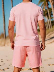 Manfinity Dauomo Men's Solid Color Round Neck Short Sleeve T-Shirt And Shorts Casual Matching Set Holiday Beach Light Pink Summer - Multicolor - View 2