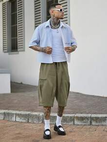 Devon Thys Manfinity LEGND 男士黑色短裤，复古工装短裤，宽松休闲夏季短裤 - 軍綠色 - 查看 3