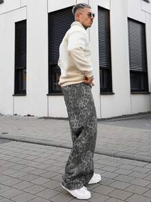 Artur Kramer Men's Denim Jeans With Leopard Print, Retro High Street Fashion Casual Loose Straight Leg Pants - Grey - View 2