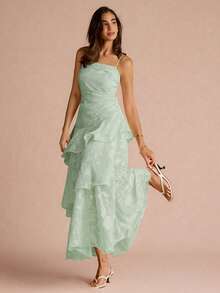 Enchnt Women's Elegant Jacquard Layered Ruffle Hem Cami Dress Party Sage Green Summer - Mint Green - View 7