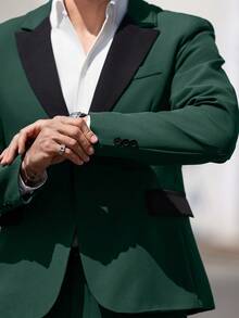 Manfinity AFTRDRK Men's Dark Green Single Breasted Lapel Neck Blazer & Pants Suit Set,Autumn Elegant Wedding Guest Business Formal Suit For Weddings & Anniversaries, Ceremony - Dark Green - View 5