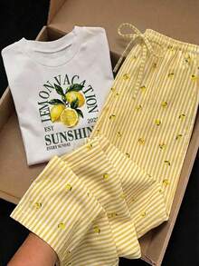 Comfortcana Setelan Kasual Musim Panas Serbaguna untuk Sehari-hari, 2 Potong Atasan Lengan Pendek Leher Bulat Motif Lemon dan Celana Panjang Motif Buah Lemon Bergaris, Kasual - MultiWarna - View 1
