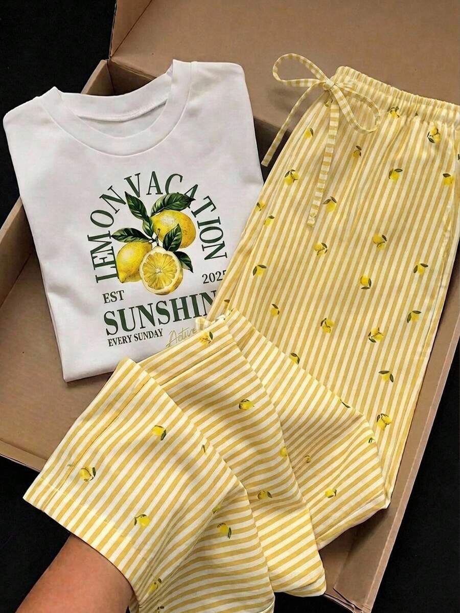 Comfortcana Setelan Kasual Musim Panas Serbaguna untuk Sehari-hari, 2 Potong Atasan Lengan Pendek Leher Bulat Motif Lemon dan Celana Panjang Motif Buah Lemon Bergaris, Kasual - MultiWarna - View 1