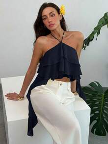 Aloruh Women's Solid Color Ruffle Asymmetrical Hem Cropped Halter Top For Vacation - Navy Blue - View 5