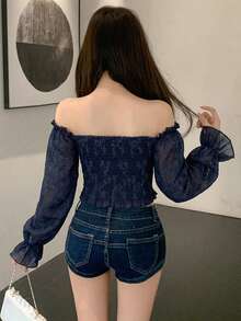 DAZY 夏季秋季藍色蕾絲上衣，優雅蕾絲拼接露肩花瓣袖長袖女款襯衫，適合婚禮與派對 Y2K 風格 - 藏蓝色 - 查看 5