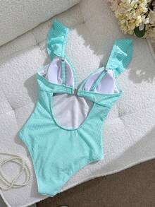 Swim Mod Women's Spring/Summer Sweet One-Piece Swimsuit With Colorblock Stripes, Special Fabric, Ruffle Collar, Pool Party Style - Multicolor - View 2