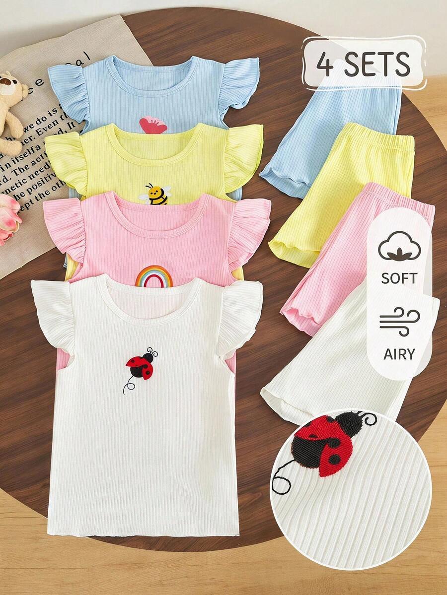 刺繡圖案圓領套頭荷葉邊短袖上衣與短褲2件組 - 彩色 - 查看 1