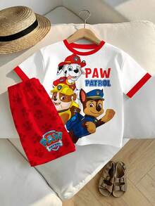 SHEIN | PAW Patrol 兒童小男孩圓領撞色飾邊字母卡通印花短袖T恤與短褲休閒日常套裝 - 彩色 - 查看 4
