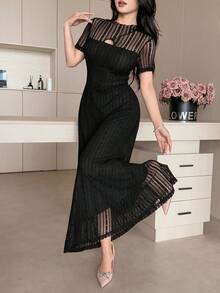 Feyla Women's Elegant Lace Patchwork Cut Out Dress Dinner Date Black Summer - Black - View 5