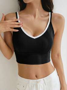 DAZY Contrast Color Double Shoulder Strap Padded Slight Push-Up Sports Bra For Women - Black - View 3