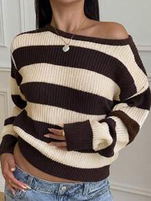 SHEIN Teen Girls Casual Striped Knit Sweater, Simple And Fashionable, Suitable For Daily Wear, Autumn, Winter - Coffee Brown - View 3