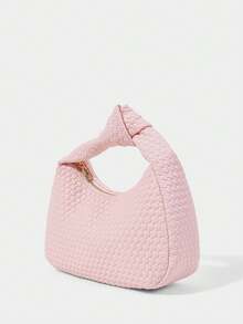 SHECARRY Women's Fashion Light Pink Handbag, Exquisite Woven PU Material, Simple Knotted Portable Half-Moon Bag, Suitable For Daily, Commuting, Shopping, Dating, Gifts, Vacation, Travel - Crystal powder - View 3