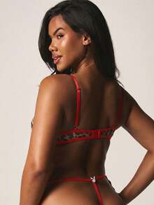 Missguided x Playboy Leopard Print Mesh Bra And Thong Panty Set With Rhinestone Logo And Red Trim Detailing - Red - View 3