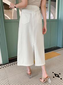 DAZY Solid Color Slit Pocket Women Straight Long Casual Denim Skirt Jeans Skirt - White - View 2