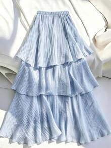 GlowEve French Romantic Sicilian Elegant Casual Commute Vacation Afternoon Tea Party Solid Color Square Neck Multi-Layer Ruffle A-Line Skirt - Blue - View 3