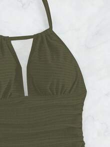 Swim Vcay 女款掛脖綁帶條紋圖案一件式泳衣 - 軍綠色 - 查看 5