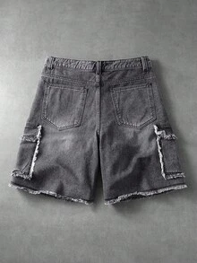 ROMWE MEN 男士夏季牛仔短褲，美式復古煙灰色破洞工裝短褲，街頭嘻哈風，寬鬆直筒多口袋設計，毛邊下擺拼接工裝膝蓋長短褲 - 灰色 - 查看 2