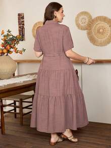 Lacomfia Elegant Waist-Cinching Short Sleeve Split A-Line Plus Size Dress, Suitable For All Occasions In Spring And Summer - Dusty Pink - View 2