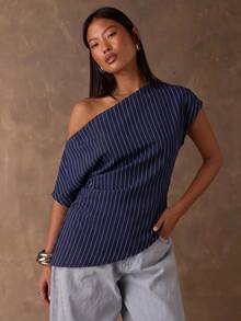 SHEIN BAE 女款條紋不對稱領口抓皺不對稱下擺T恤 - 藍白色 - 查看 4