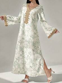 SHEIN Najma 女款花卉印花鉤編拼接長袖洋裝，端莊優雅A字版卡夫坦 & 賈拉比亞長裙，適用於晚宴/婚禮賓客/週年紀念/日常穿著 - 薄荷綠 - 查看 7