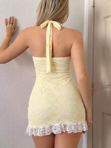 Sweetina Vestido mini ajustado de malla transparente con volantes, cuello halter con lazo, rosa, estilo Y2K para verano - Amarillo claro - Ver 2