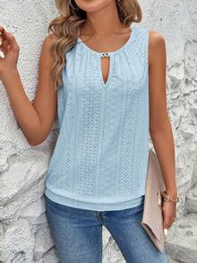 SHEIN LUNE 女款鏤空刺繡鑰孔領背心上衣 - 藍色 - 查看 5