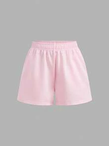 SHEIN Girlism 青少年女孩休閒運動純色粉色抹胸上衣與短褲兩件套 夏季度假款 - 粉色 - 查看 7